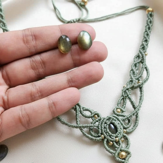 stone necklace small choker necklace macrame necklace labrodorite green stone stud earring stone earring brass bead necklace