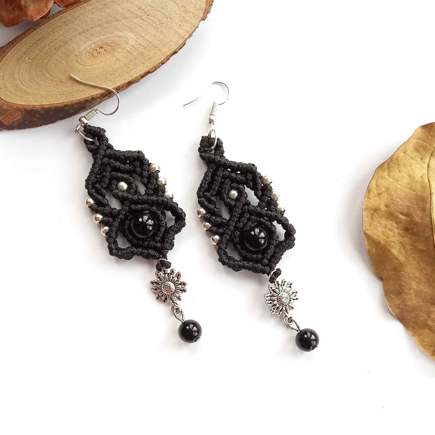macrame statement dangler earrings with silver charms and beads