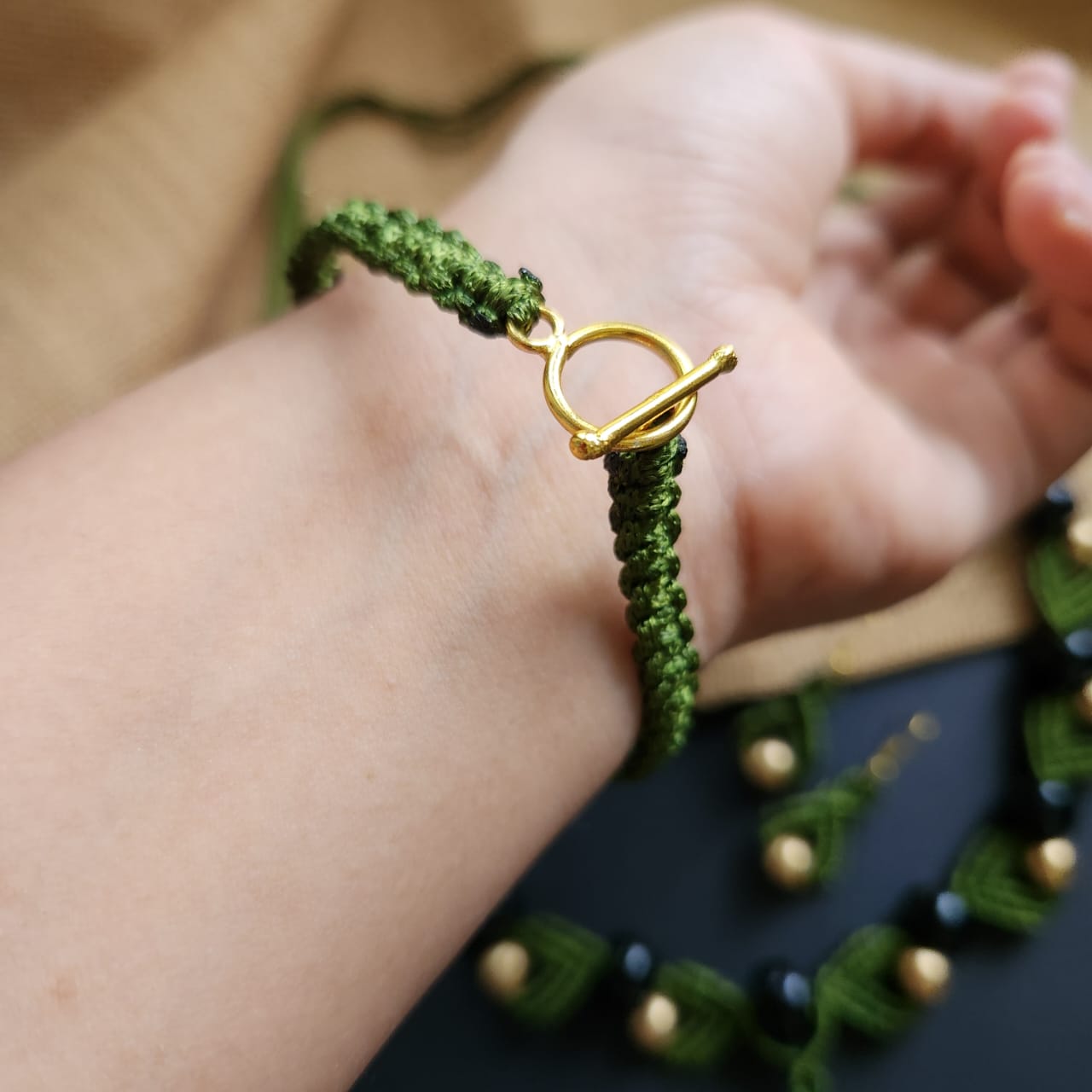macrame necklace green necklace gold bead necklace black bead necklace stud earrings dangler bead bracelet necklace set