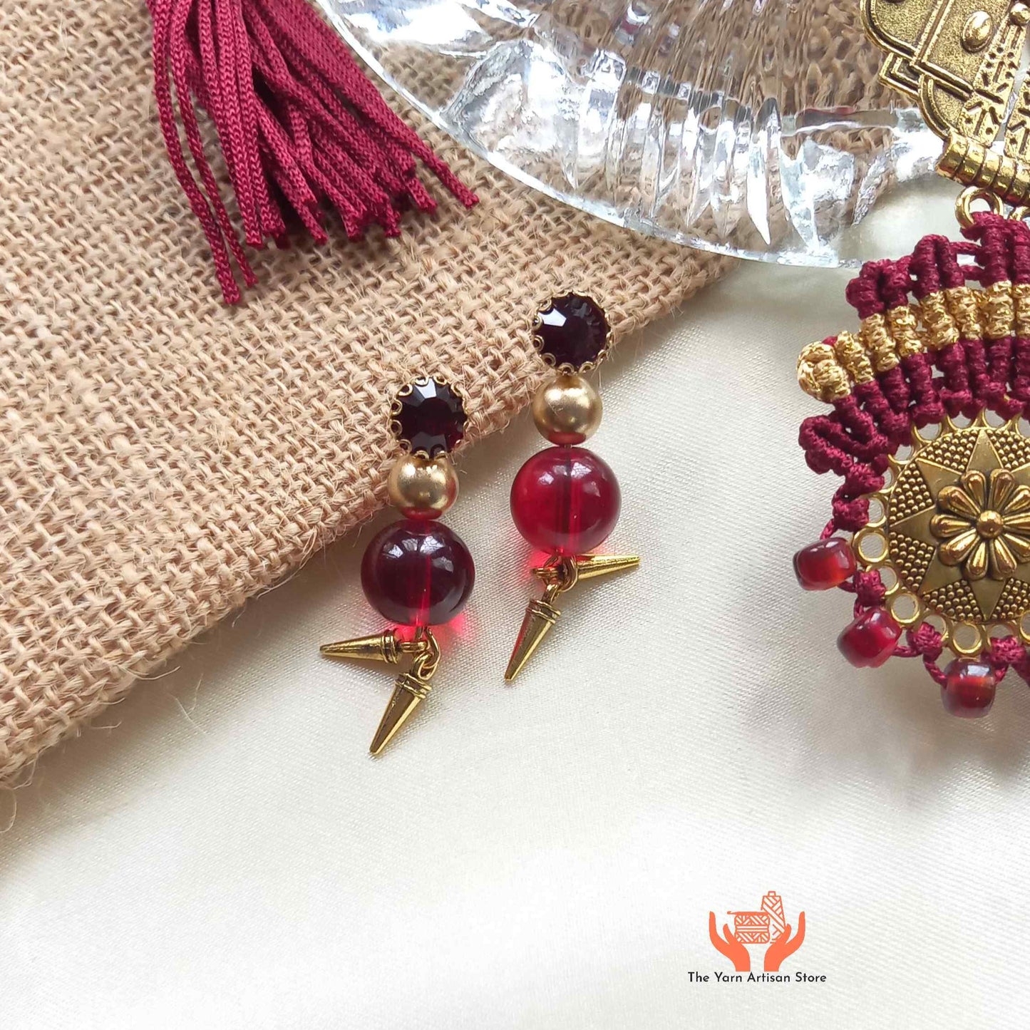 macrame collar style stone necklace and earrings set maroon necklace