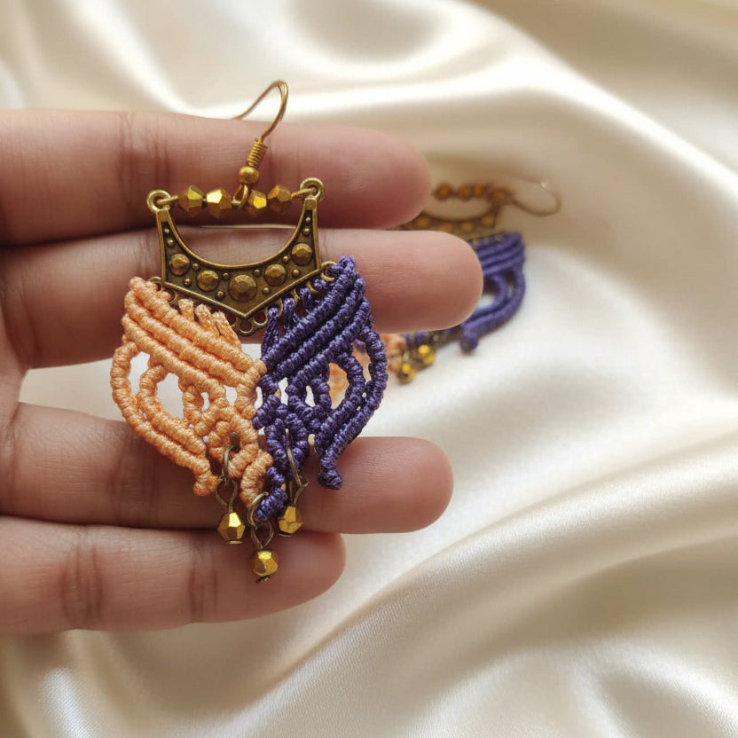 bead earrings gold earrings chandbali earrings macrame earrings orange navy blue earrings