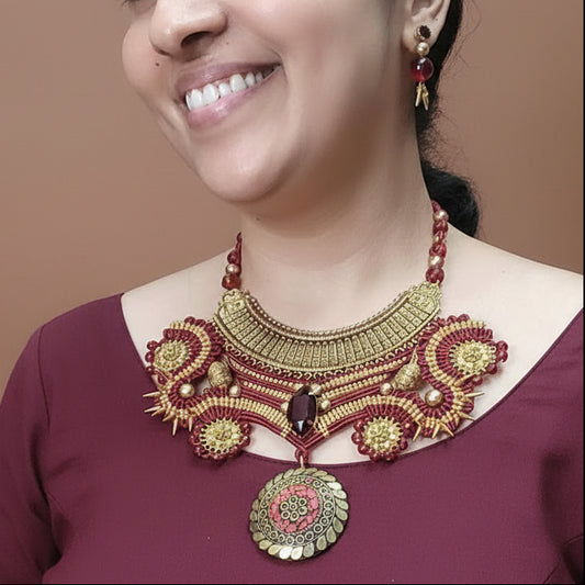macrame collar style stone necklace and earrings set maroon necklace