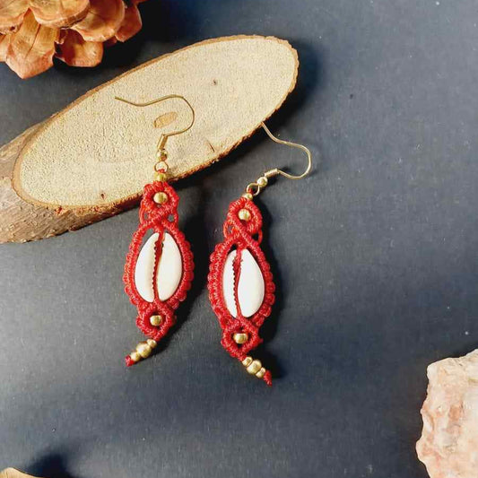 red cowrie earrings bead macrame earrings cowrie macrame bead earrings casual earrings brass bead earrings beach wear earring