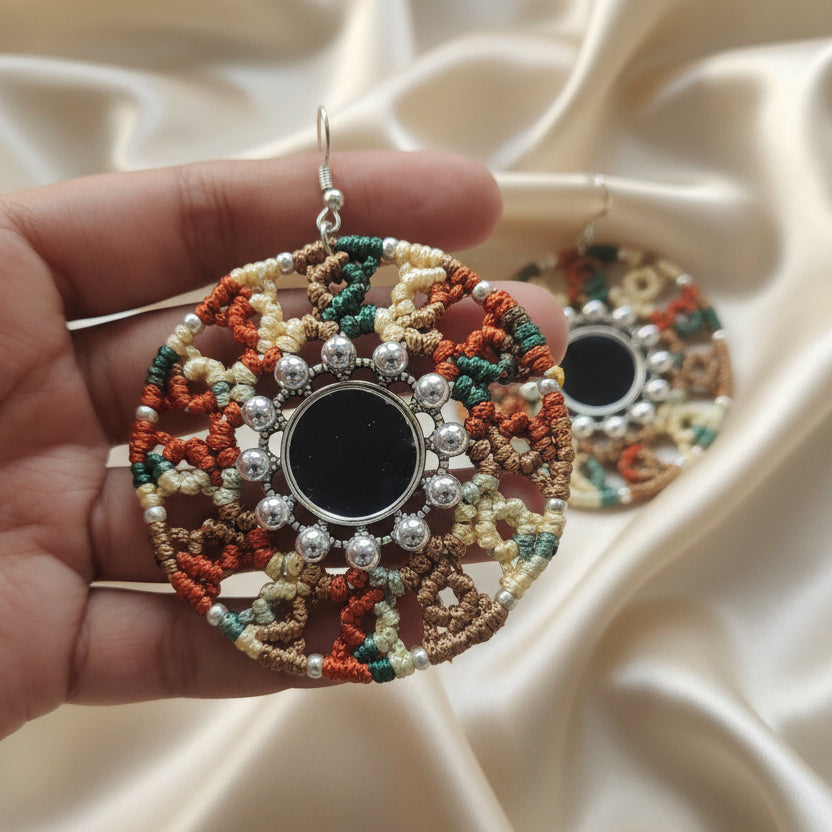 handmade macrame mandala earrings with silver mirror center