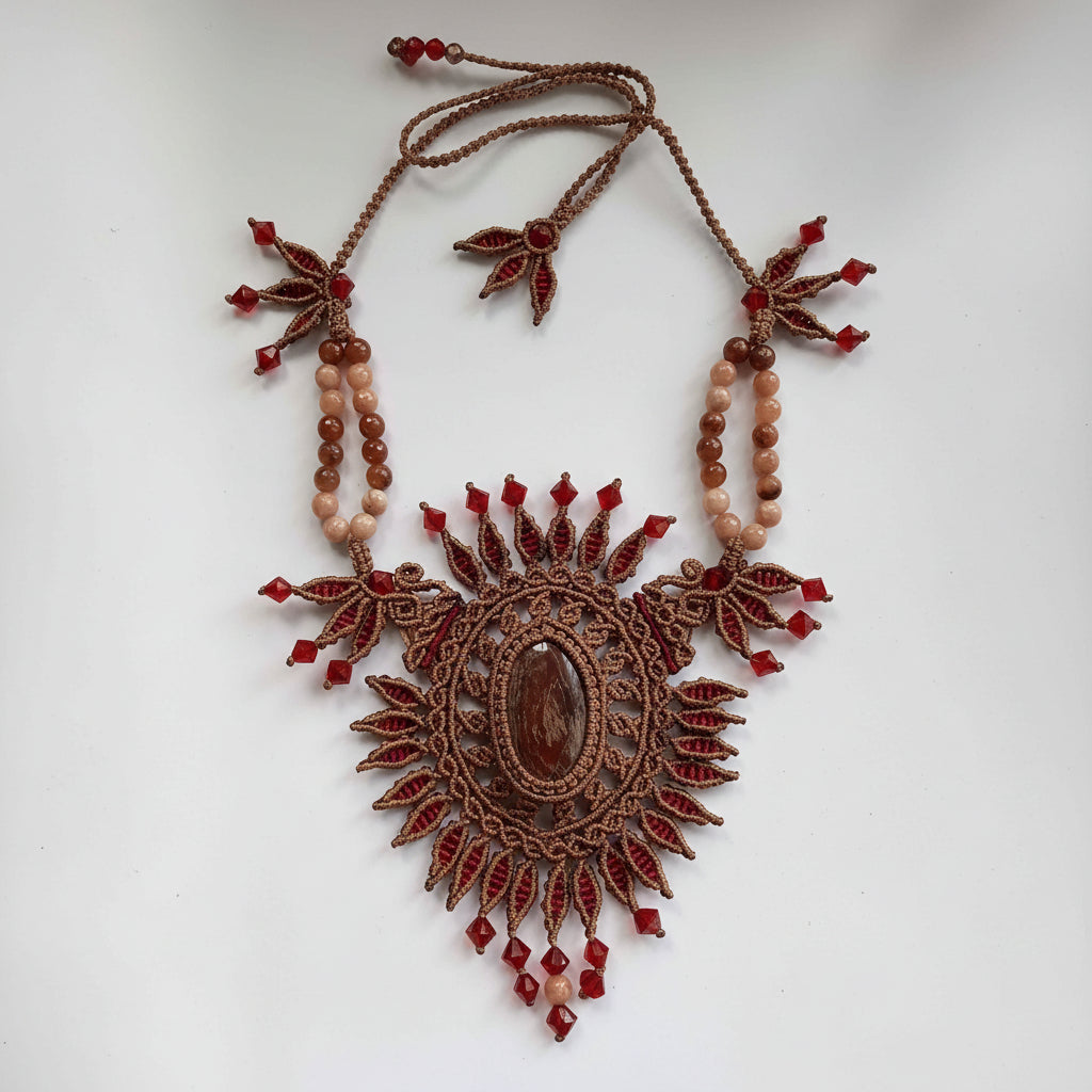 Brown and Maroon Macrame Statement Necklace with Jasper Centerpiece