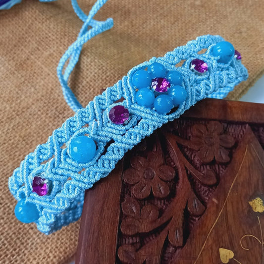 macrame choker in light blue with blue agate beads and purple stones statement choker necklace macrame necklace office wear daily wear choker