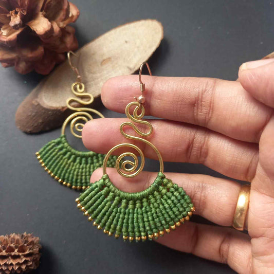 brass earrings macrame earrings green earrings party wear earrings gold earrings
