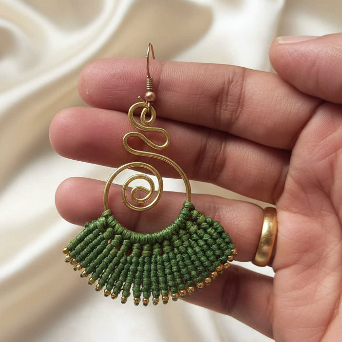 brass earrings macrame earrings green earrings party wear earrings gold earrings