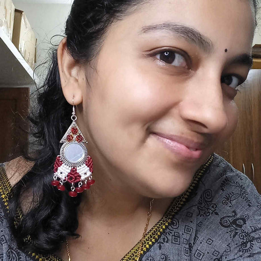 macrame mirror dangler bead earrings with seed beads