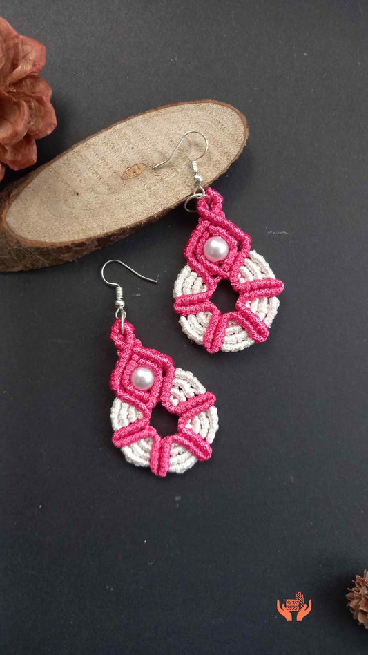 pink and white handmade macrame earrings
