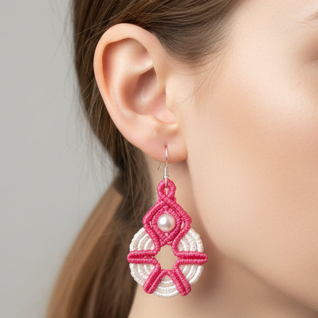 pink and white handmade macrame earrings