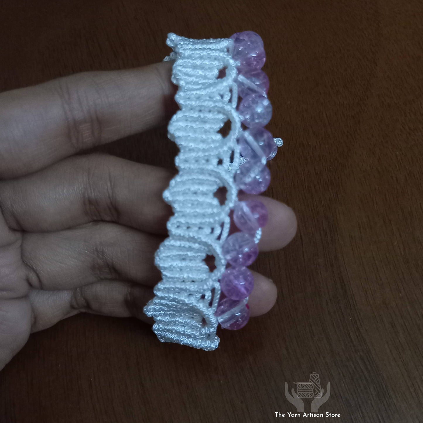 macrame bead earrings and bracelet set in white and pink
