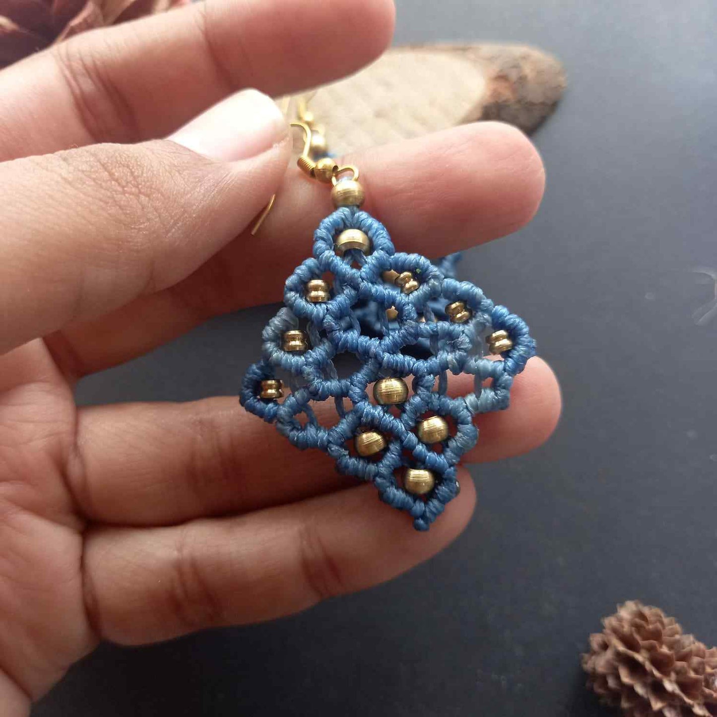 blue diamond shaped bead macrame dangler earrings
