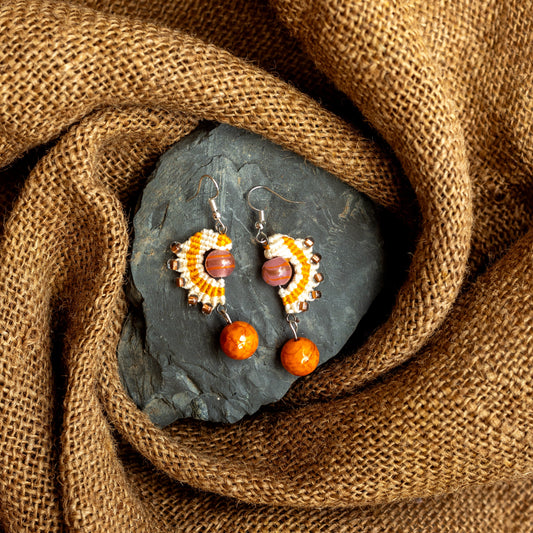 micromacrame bead earrings in cream and orange