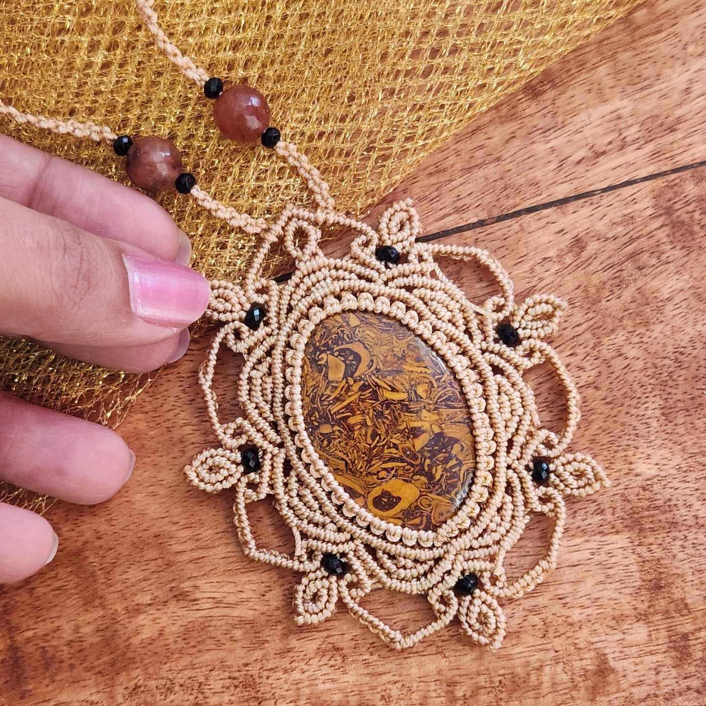 semiprecious stone jewellery dailywear pendant formal office beige neutral colour jewellery no metal sustainable fashion bead