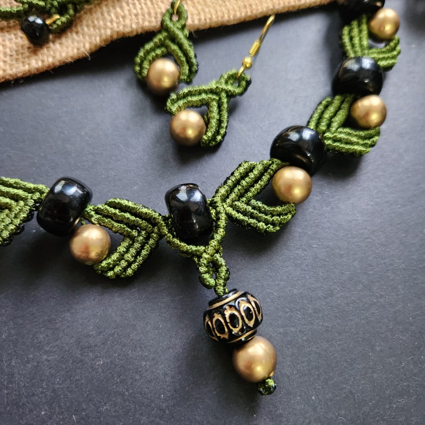 macrame necklace green necklace gold bead necklace black bead necklace stud earrings dangler bead bracelet necklace set
