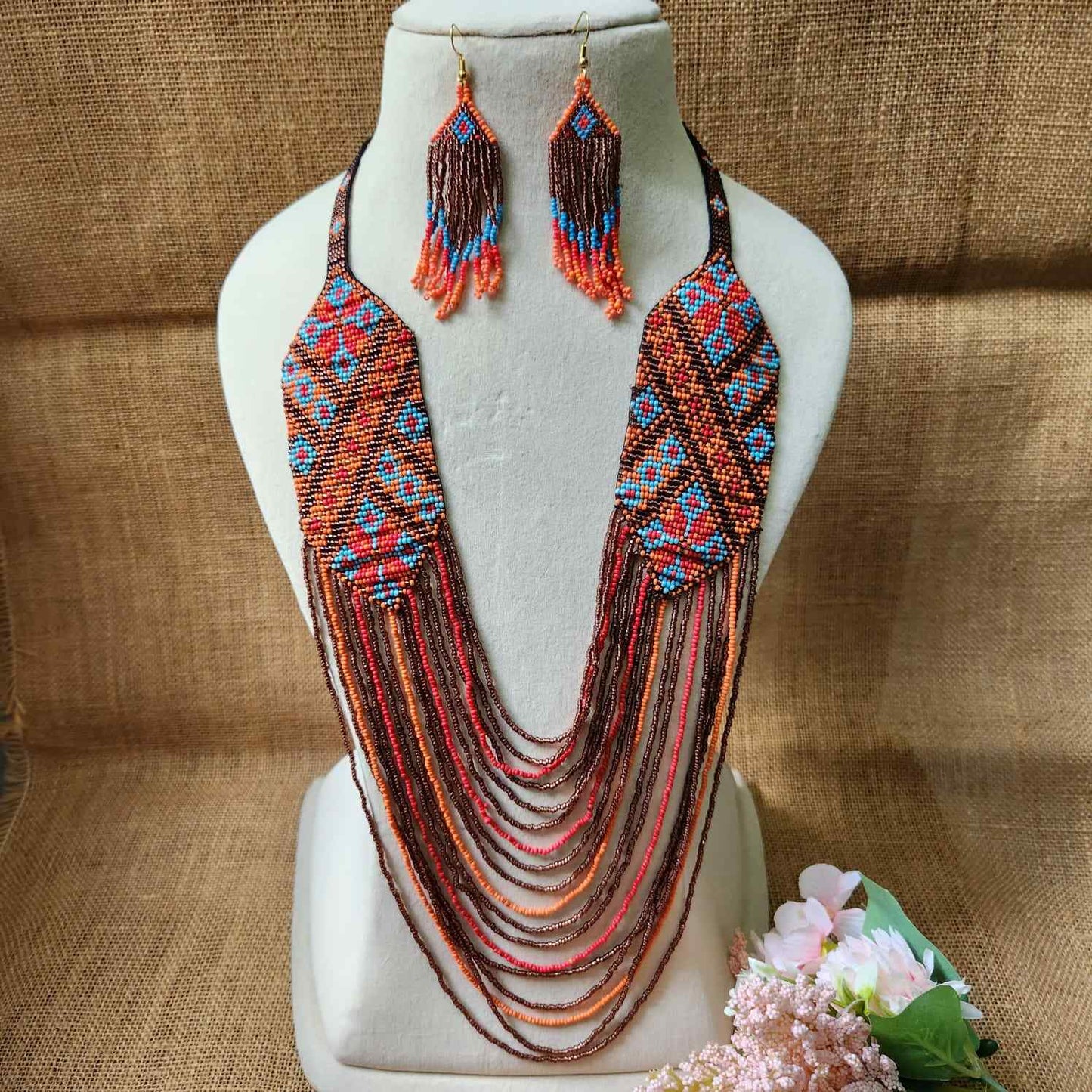 orange brown blue geometric necklace formal necklace party necklace function wedding mehendi sangeet gift for her