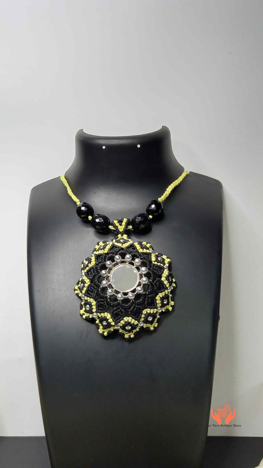 mirror macrame bead pendant necklace stud earrings set