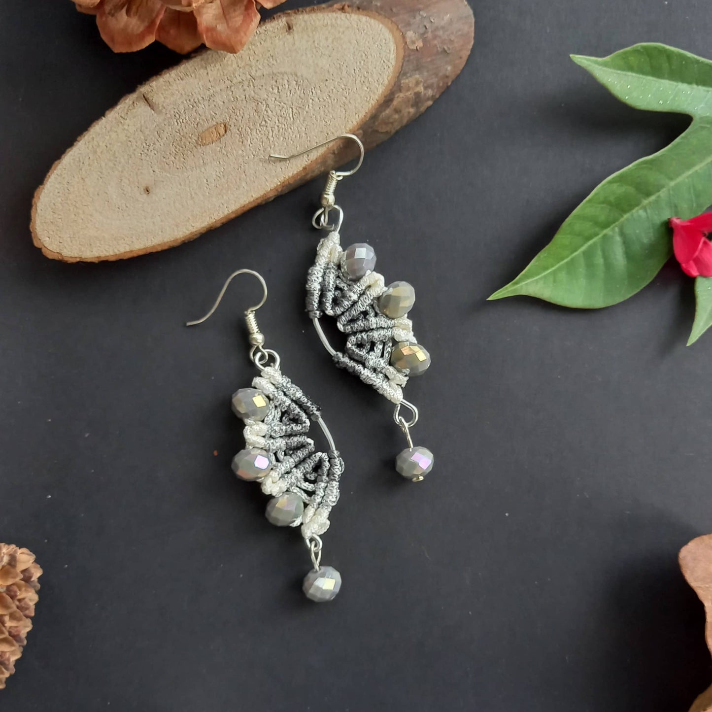 half moon shaped asymmetric macrame bead dangler earrings