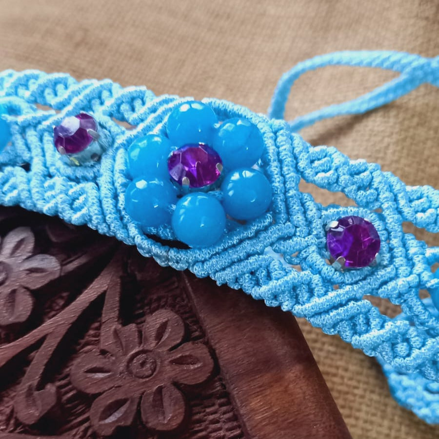 macrame choker in light blue with blue agate beads and purple stones statement choker necklace macrame necklace office wear daily wear choker