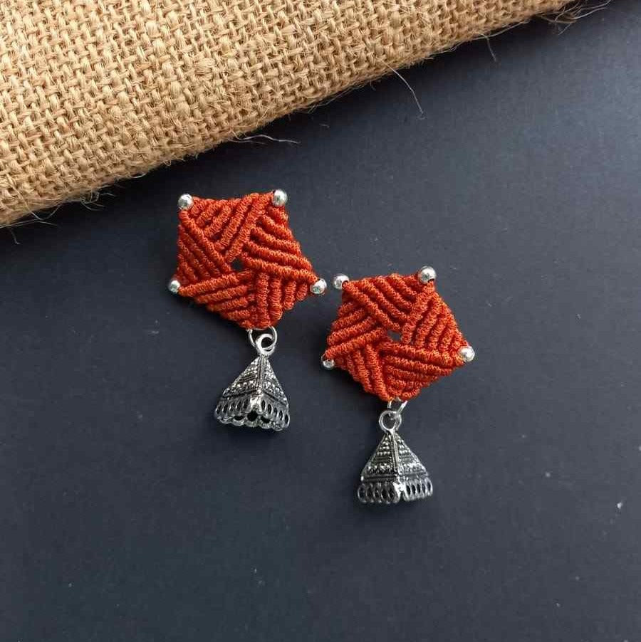 bead macrame pentagon shaped stud earrings with triangle jhumkis