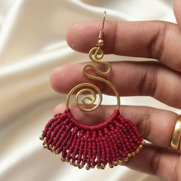 brass earrings macrame earrings red earrings party wear earrings gold earrings