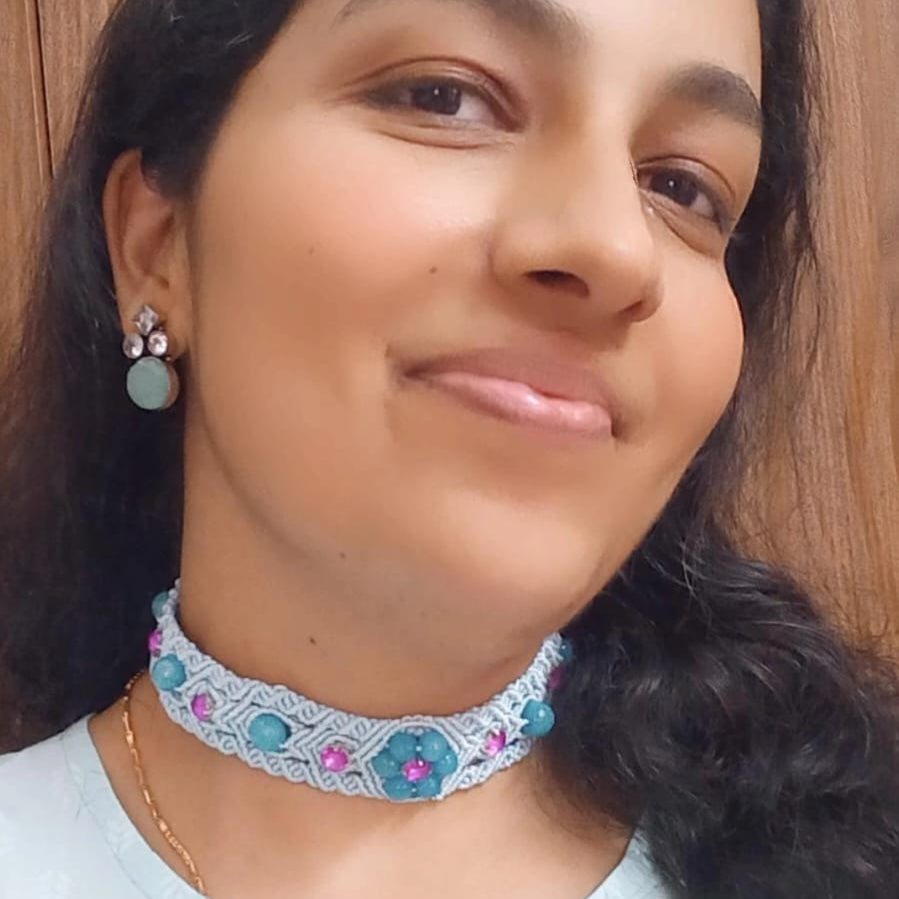 macrame choker in light blue with blue agate beads and purple stones statement choker necklace macrame necklace office wear daily wear choker