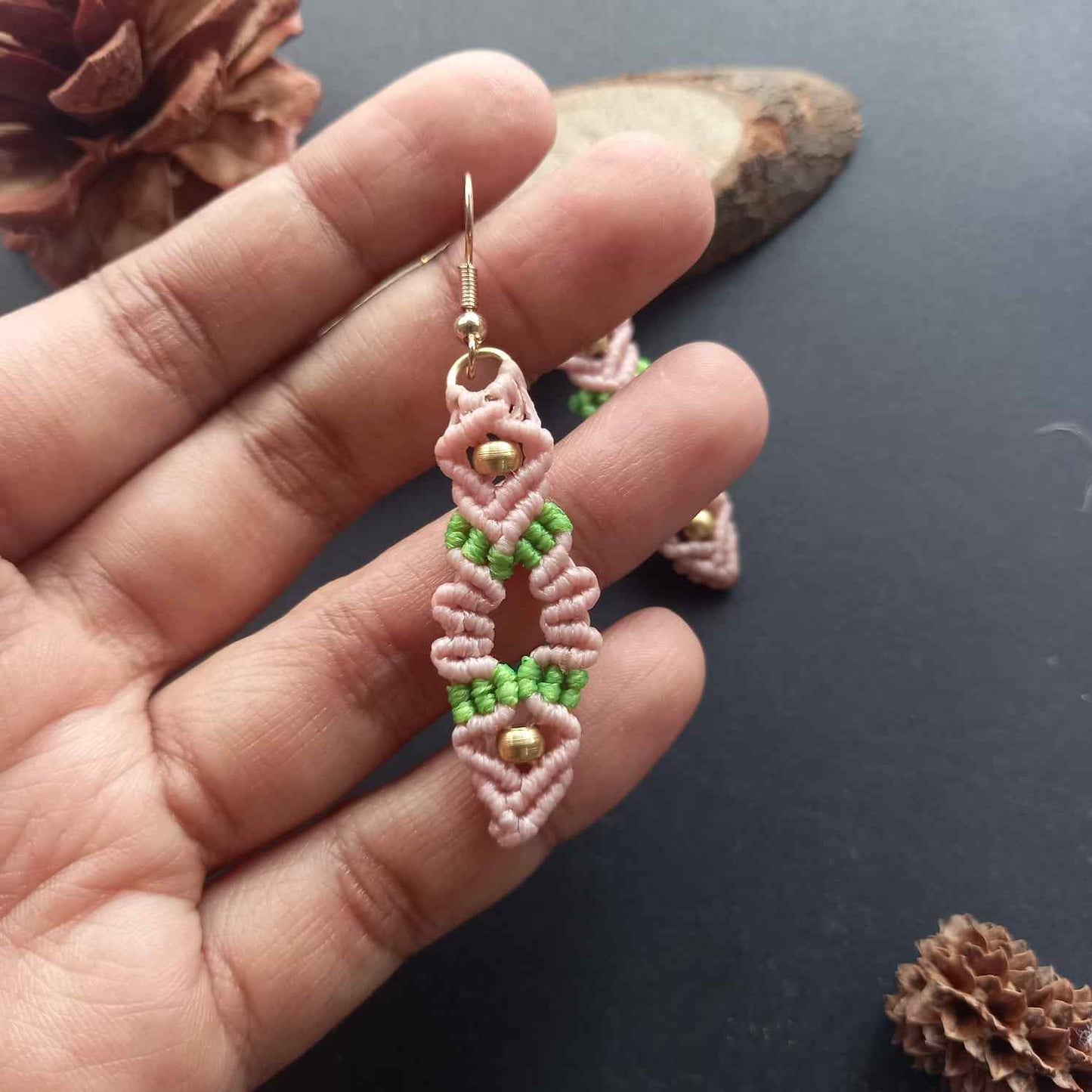 bead earrings macrame earrings zigzag design earrings pink earrings