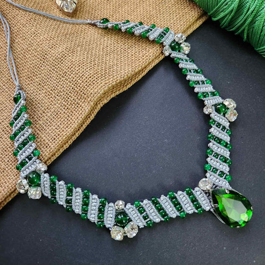 green stone emerald stone macrame necklace bead necklace silver necklace threadwork necklace woven necklace