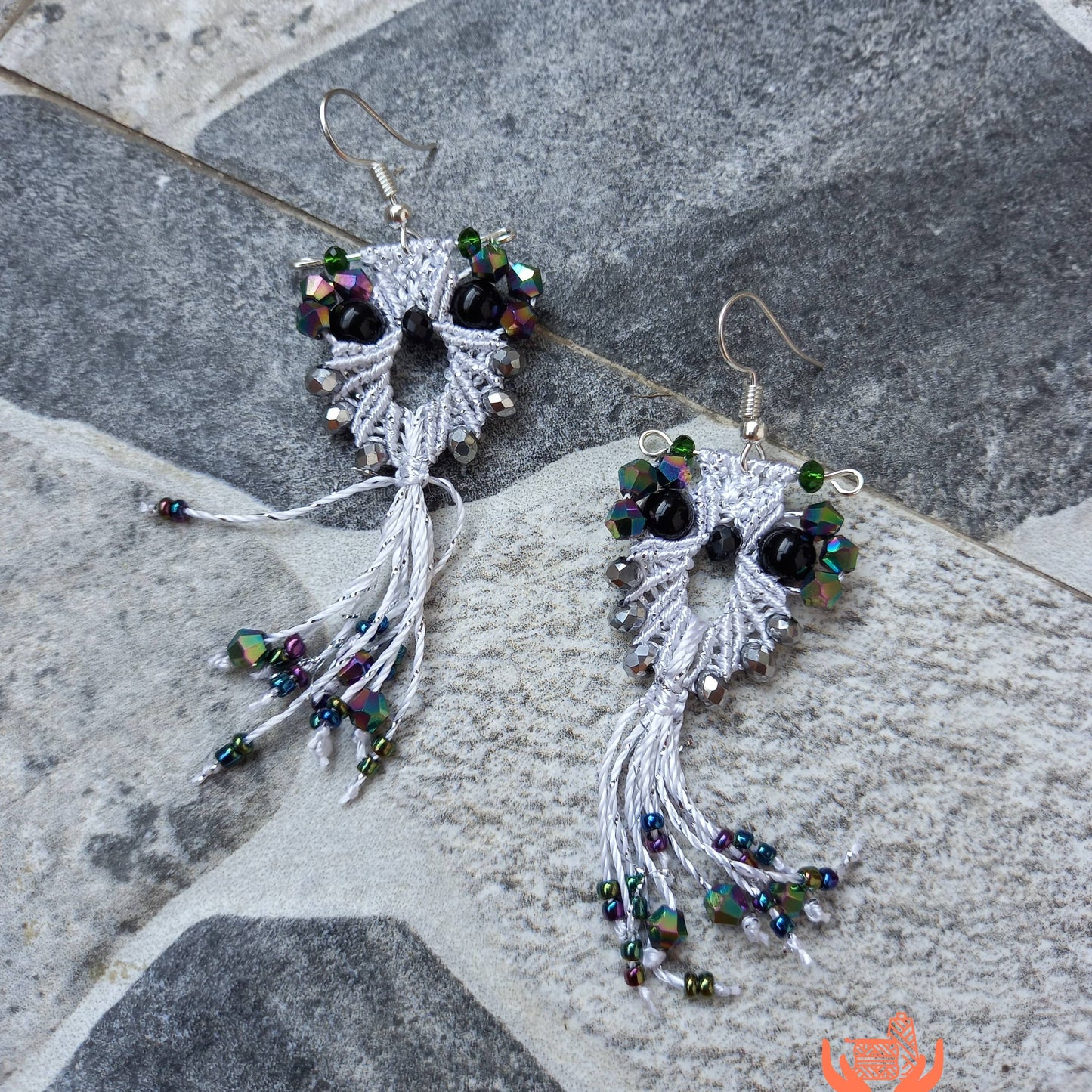 micro-macrame owl dangler earrings with bead embellished tail feathers