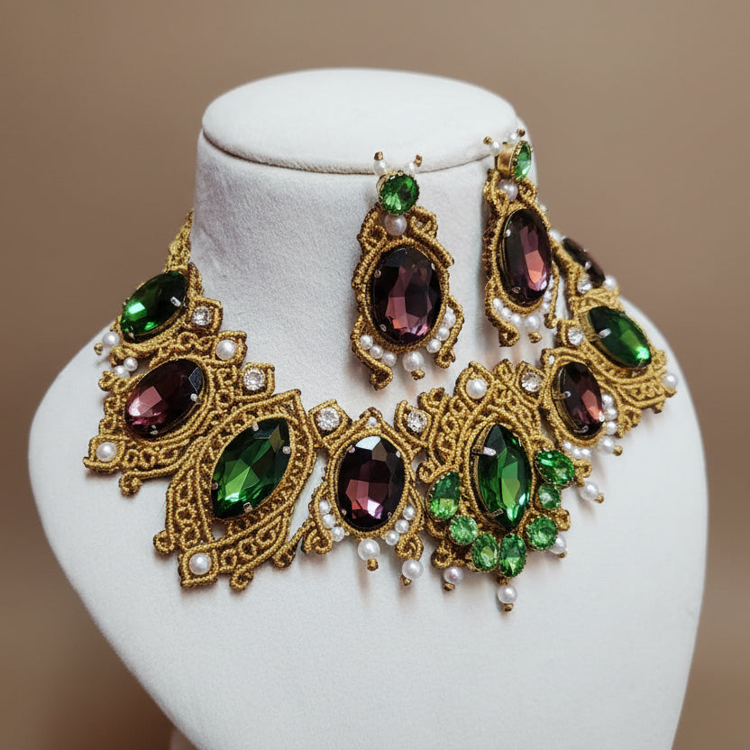 bridal jewellery set gold necklace vintage party wear necklace set green stone wine colour jewellery set stud earrings grand