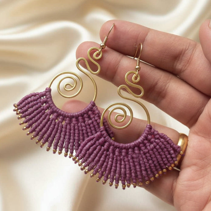 brass earrings macrame earrings purple earrings party wear earrings gold earrings