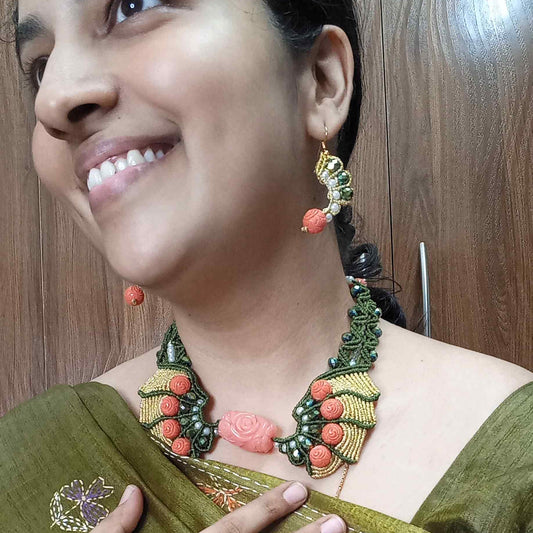 coral gold and green bead winged necklace earrings set