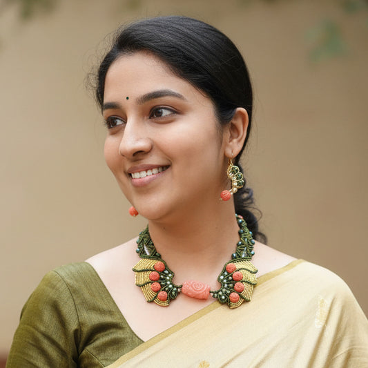 coral gold and green bead winged necklace earrings set