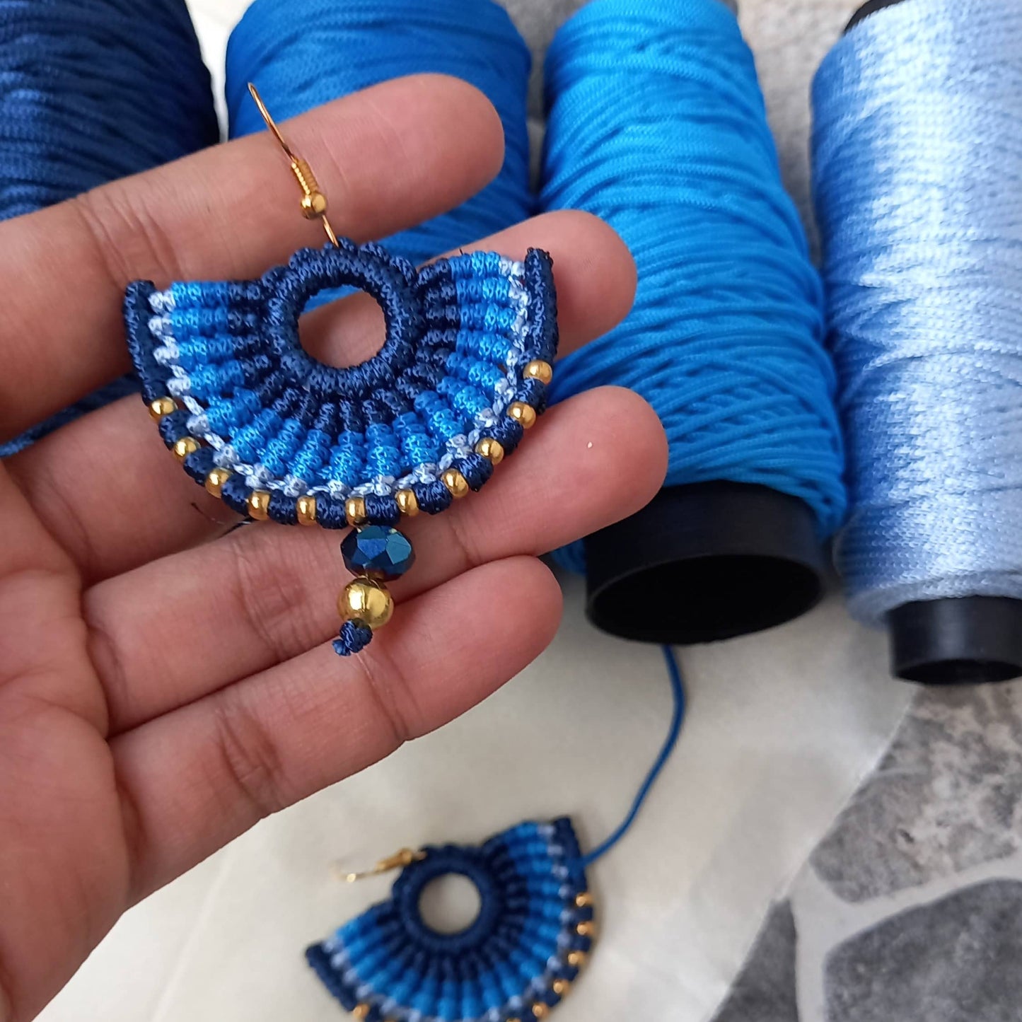 semi-circle macramé bead dangler earrings in different colours