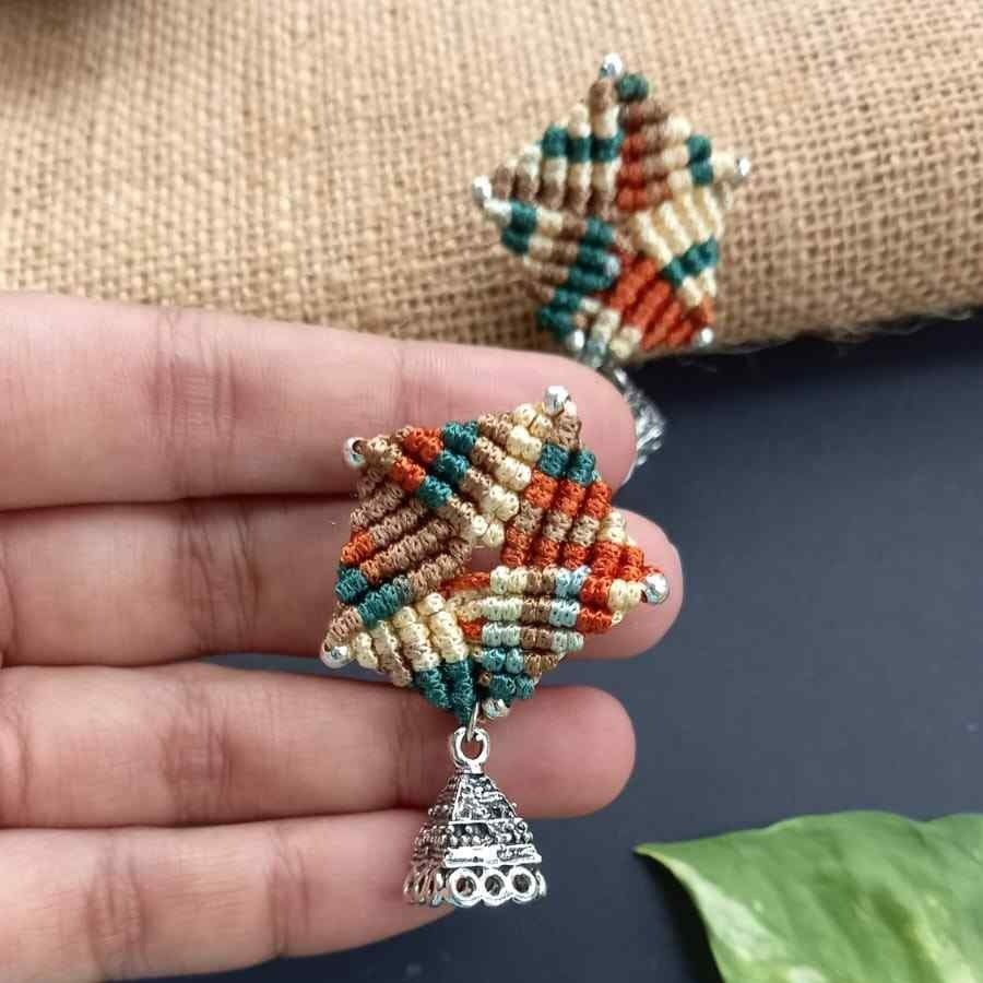 bead macrame pentagon shaped stud earrings with triangle jhumkis