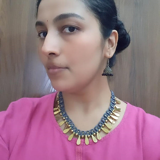 brass necklace bead necklace grey necklace macrame handmade necklace neutral colour gold necklace