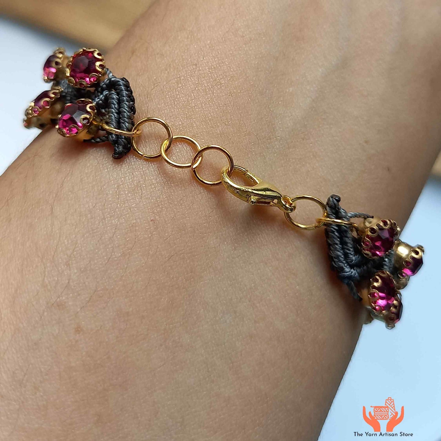 handmade macrame bracelet with ruby rhine stones