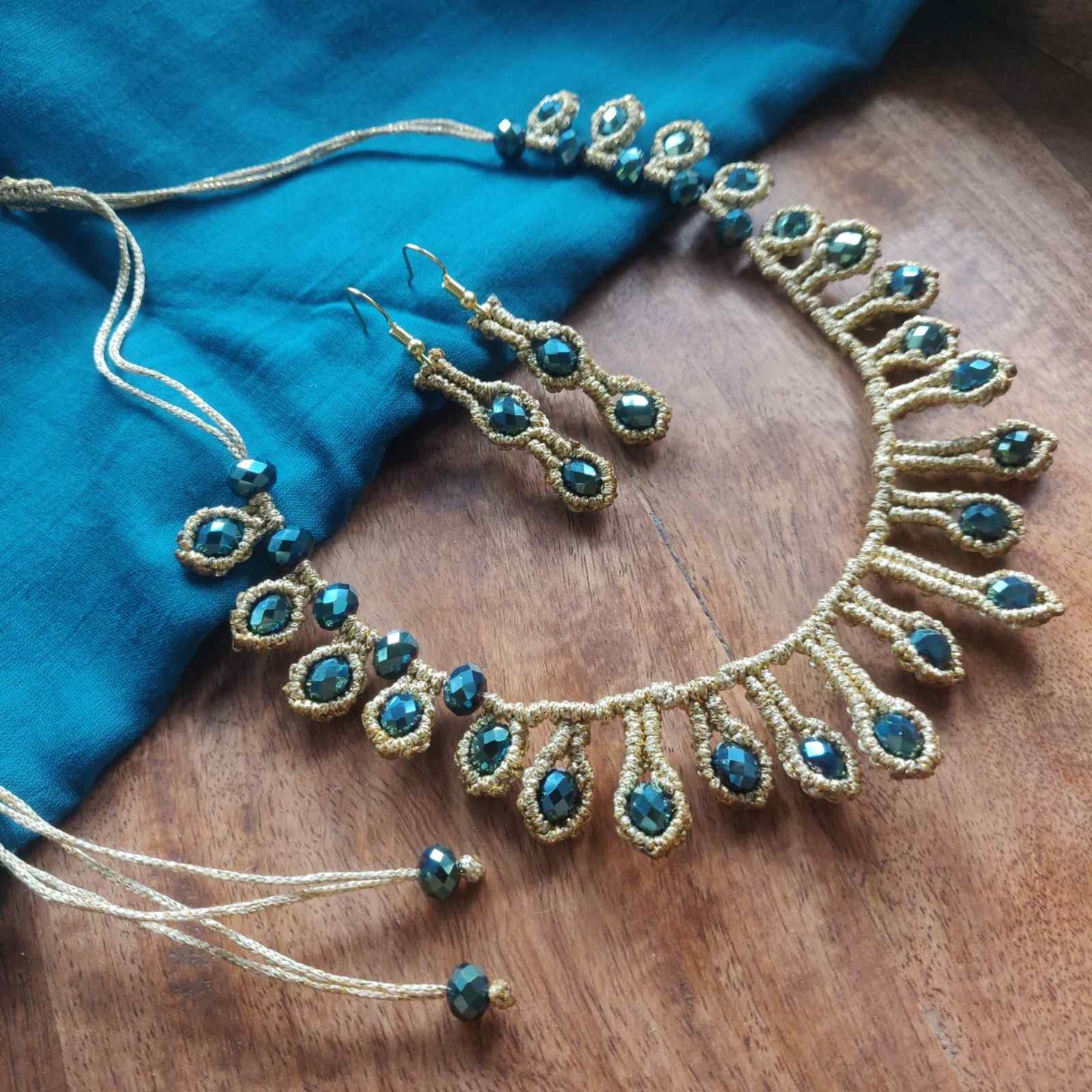 macrame necklace gold necklace bead necklace peacock blue necklace party necklace