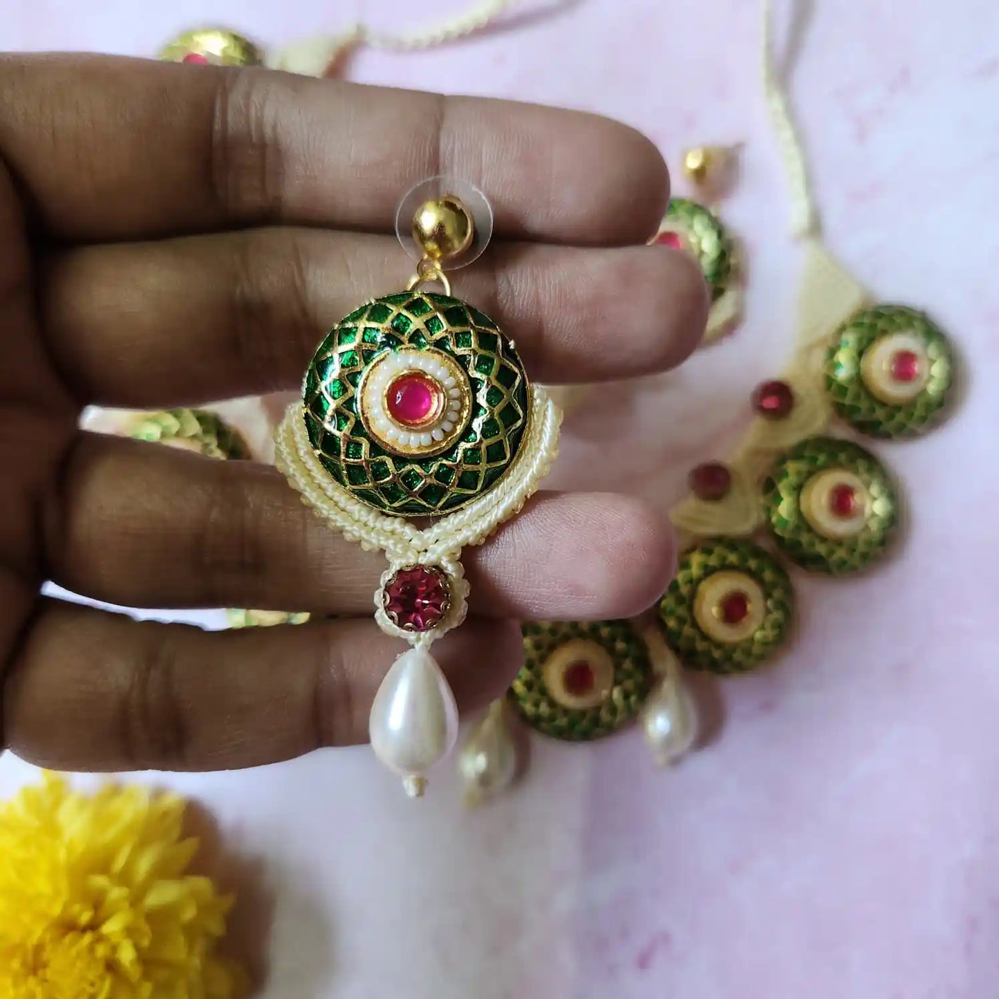 green meenakari necklace ruby necklace pearl necklace festive necklace party wear necklace stud earrings