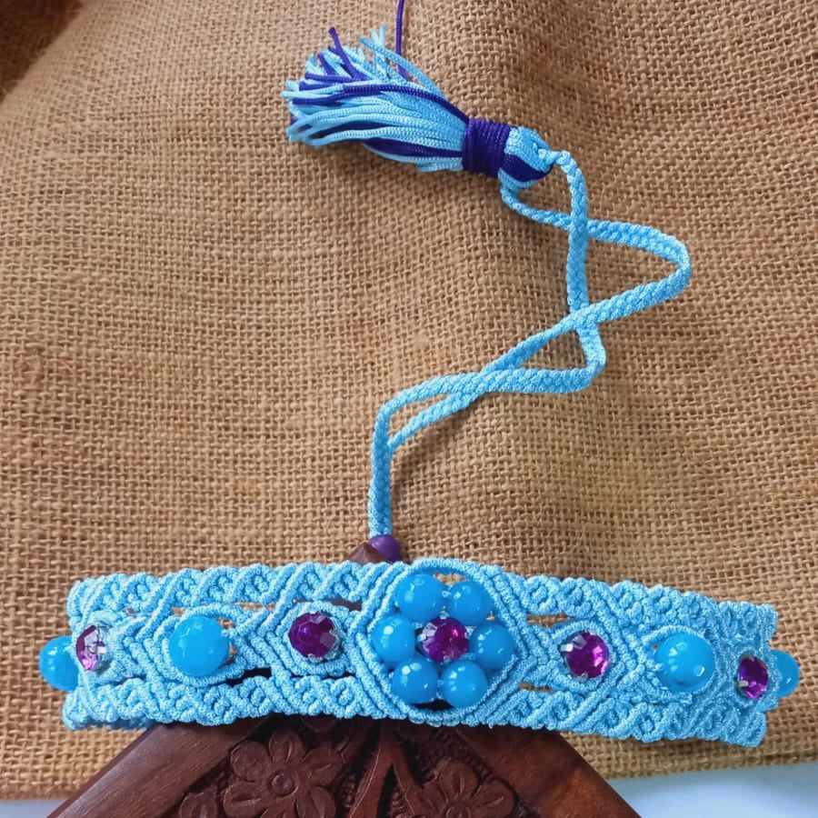 macrame choker in light blue with blue agate beads and purple stones statement choker necklace macrame necklace office wear daily wear choker