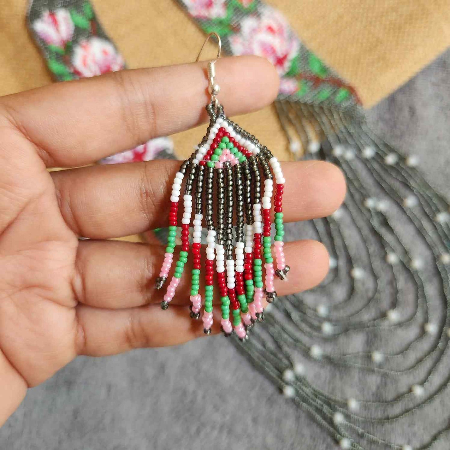 statement bead necklace partywear necklace floral necklace for sangeet wedding jewellery grey pink set bead earrings