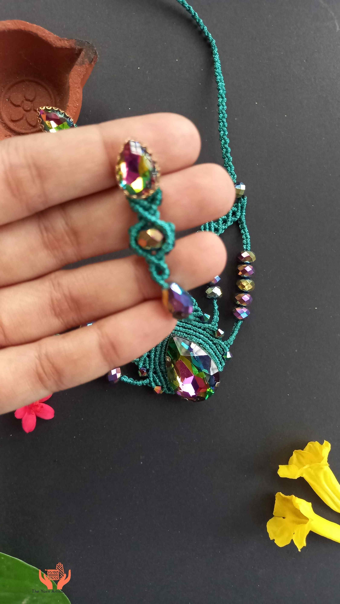 macrame stone necklace and earrings set