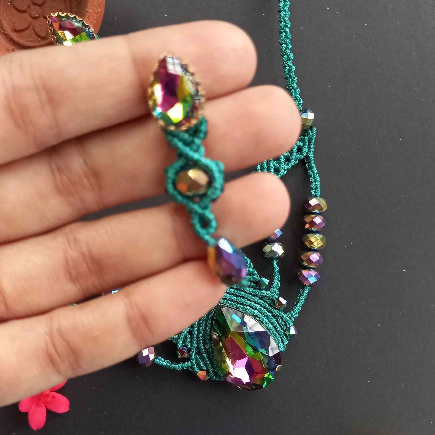 macrame stone necklace and earrings set