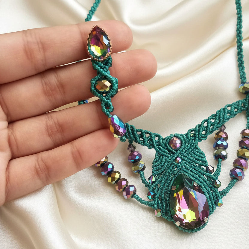 macrame stone necklace and earrings set