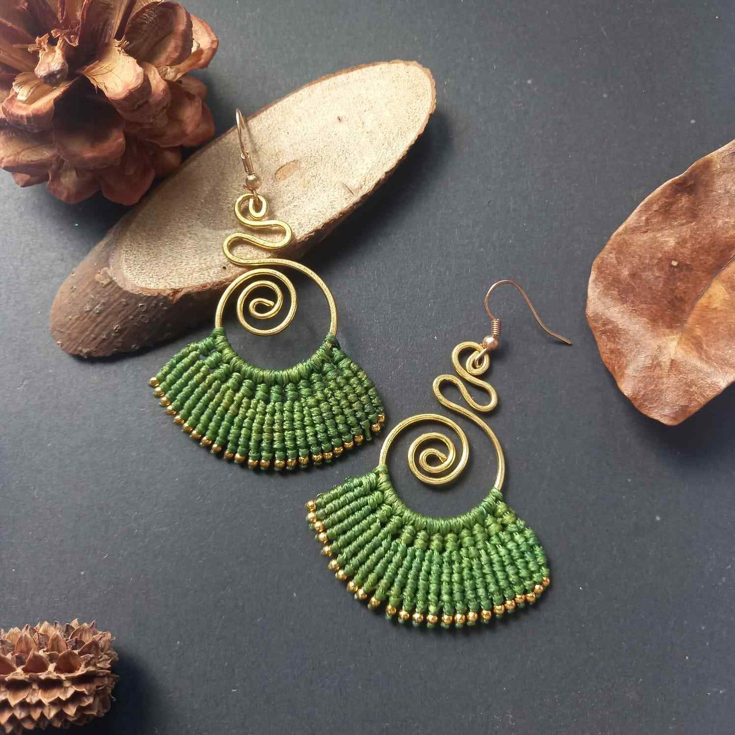 brass earrings macrame earrings green earrings party wear earrings gold earrings
