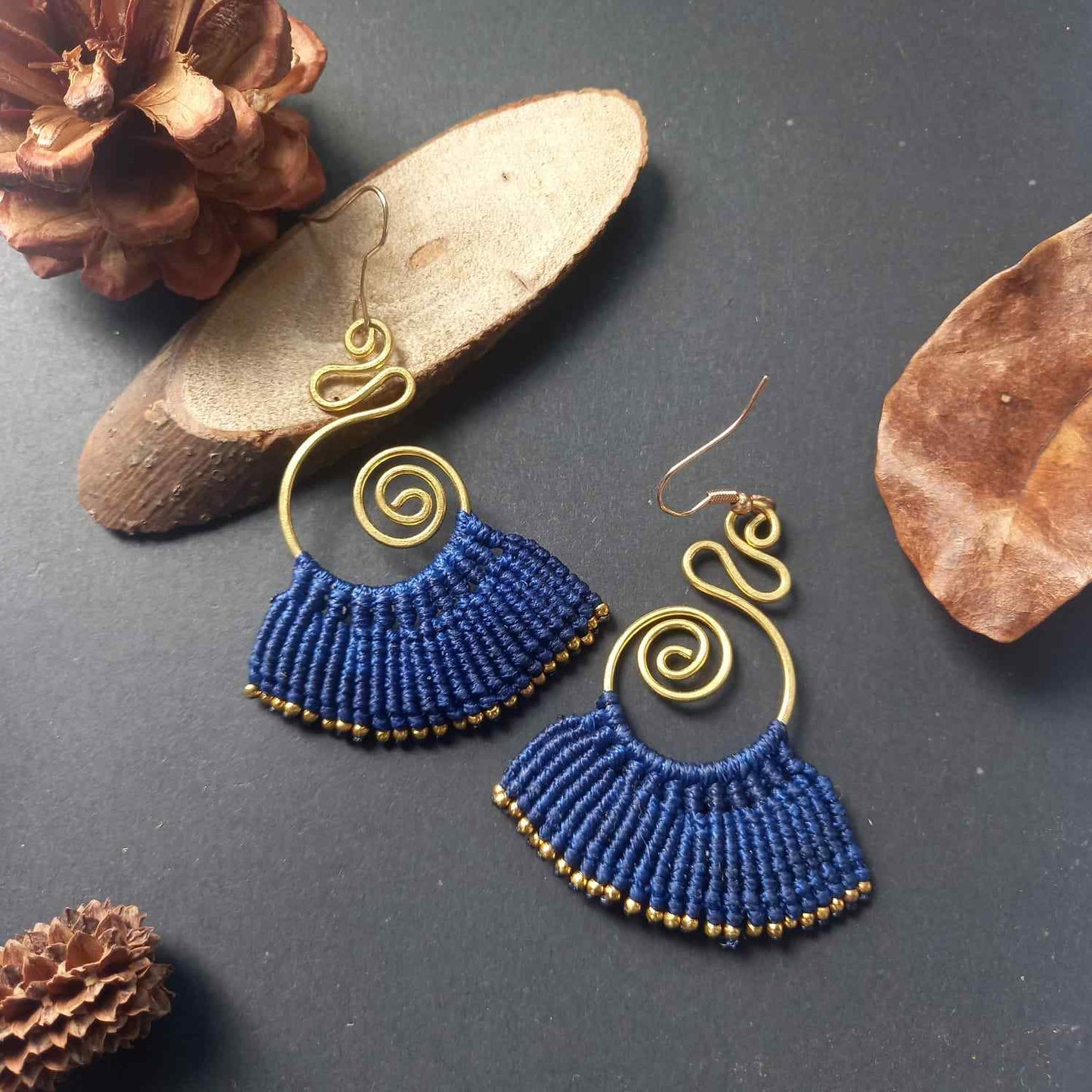 brass earrings macrame earrings royal blue earrings party wear earrings gold earrings