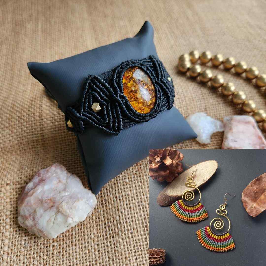 black cuff bracelet orange stone bracelet brass bead bracelet multi earrings brass earrings dangler