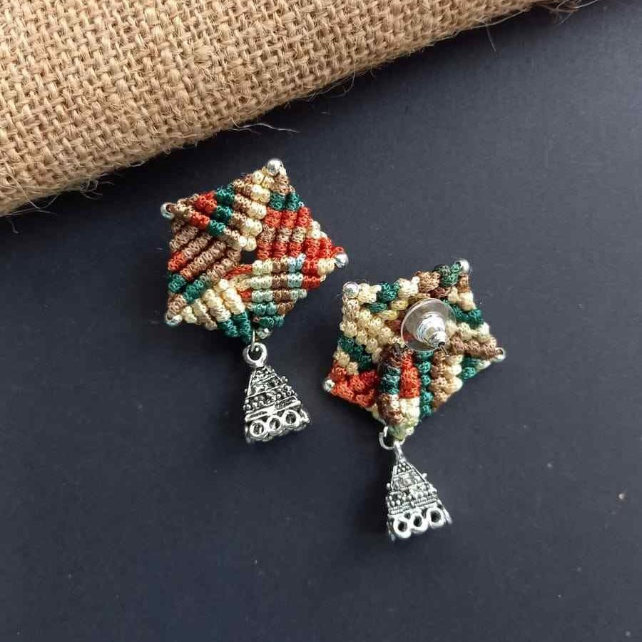 bead macrame pentagon shaped stud earrings with triangle jhumkis
