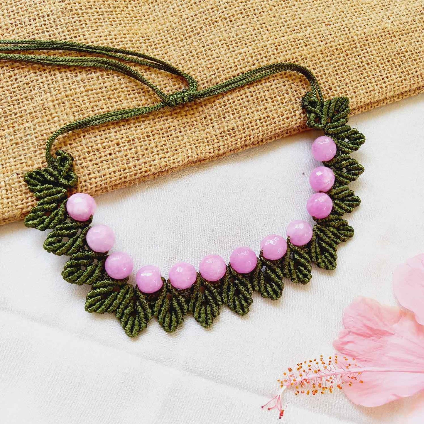 floral necklace rose bud necklace leaf necklace bead macrame necklace
